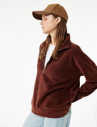 Oversize Uzun Kollu Yarım Fermuarlı Şardonlu Polar Sweatshirt