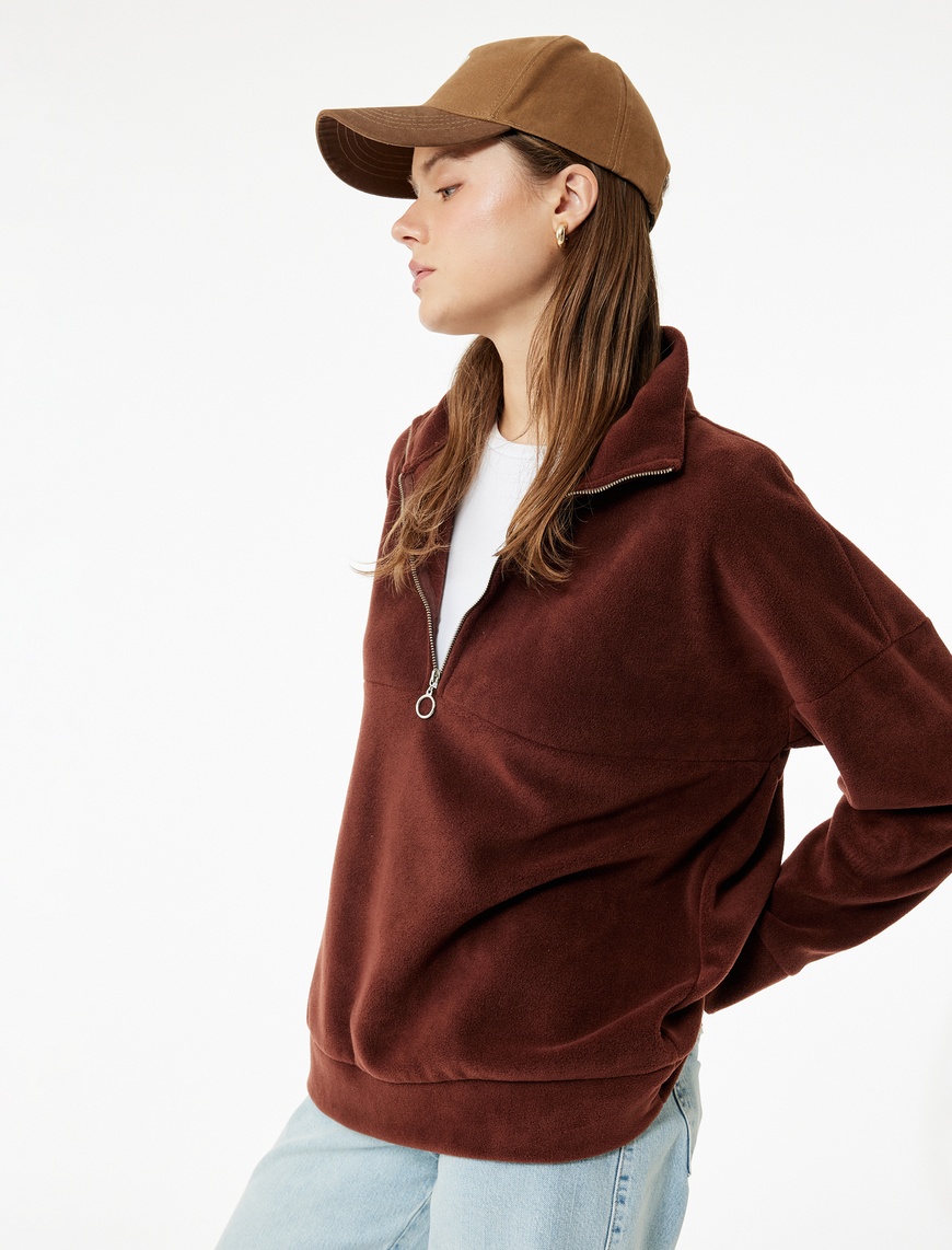   Oversize Uzun Kollu Yarım Fermuarlı Şardonlu Polar Sweatshirt