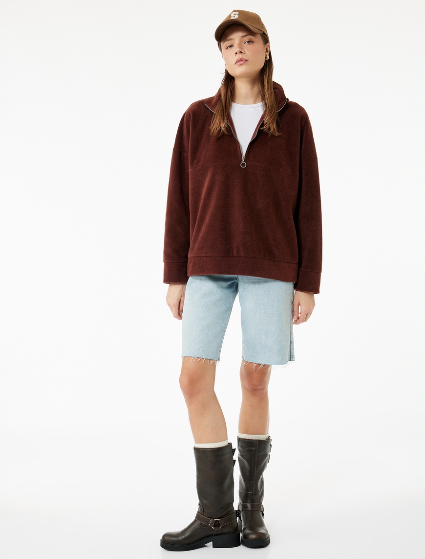   Oversize Uzun Kollu Yarım Fermuarlı Şardonlu Polar Sweatshirt