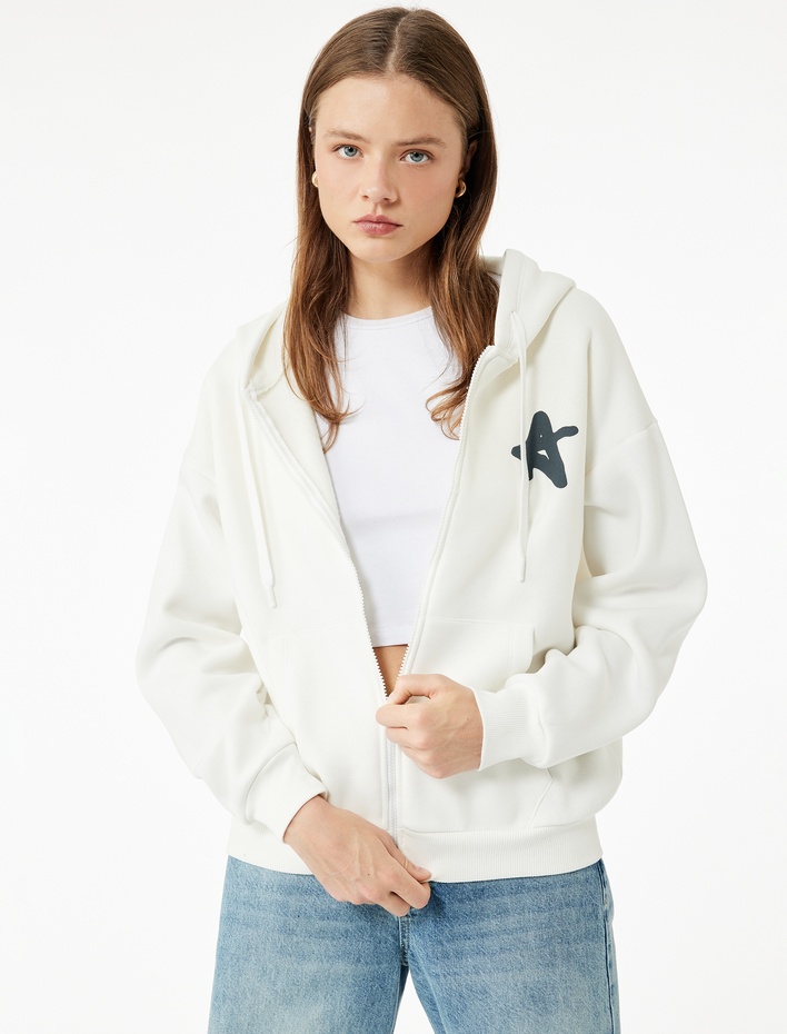  Şardonlu Kanguru Cepli Uzun Kollu Arkası Baskılı Kapüşonlu Fermuarlı Sweatshirt