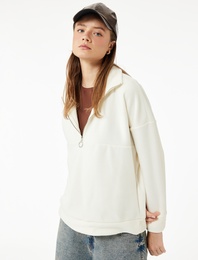 Oversize Uzun Kollu Yarım Fermuarlı Şardonlu Polar Sweatshirt