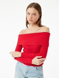 Uzun Kollu Slim Fit Omzu Açık Fitilli Triko Kazak