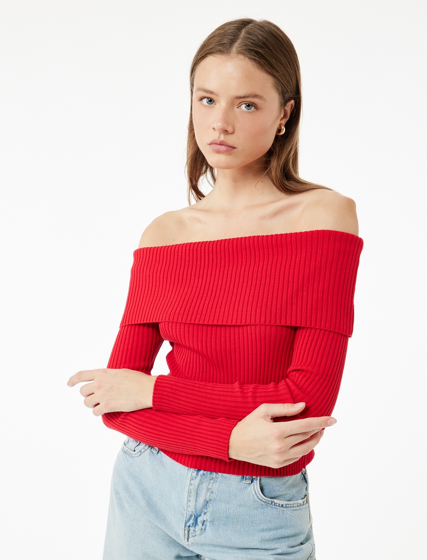   Uzun Kollu Slim Fit Omzu Açık Fitilli Triko Kazak