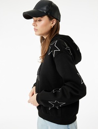 Şardonlu Uzun Kollu Kapüşonlu Oversize Taşlı Sweatshirt