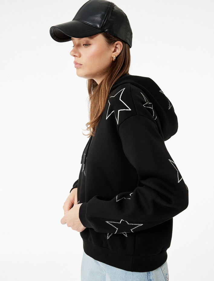  Şardonlu Uzun Kollu Kapüşonlu Oversize Taşlı Sweatshirt