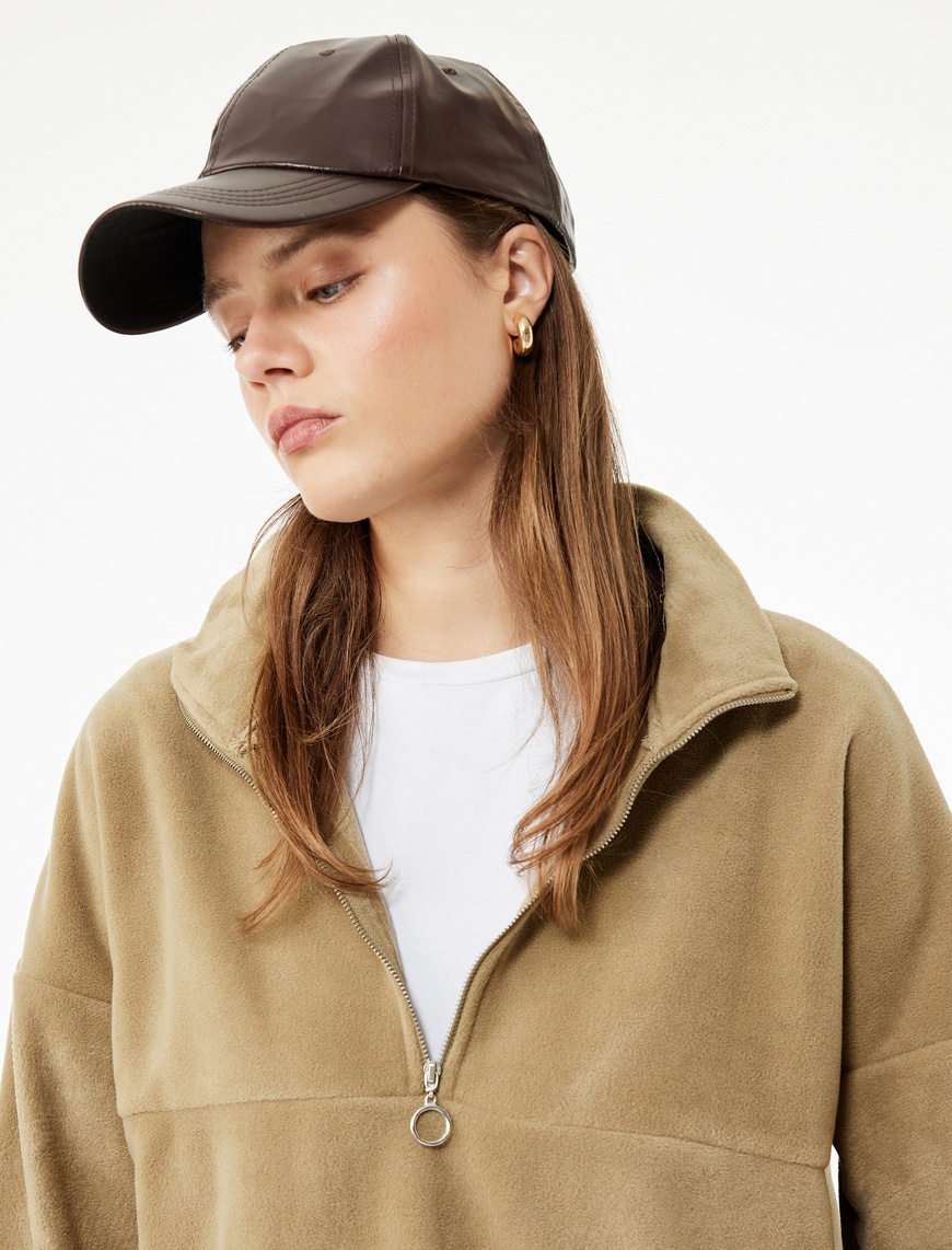   Oversize Uzun Kollu Yarım Fermuarlı Şardonlu Polar Sweatshirt