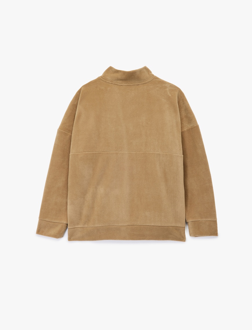  Oversize Uzun Kollu Yarım Fermuarlı Şardonlu Polar Sweatshirt