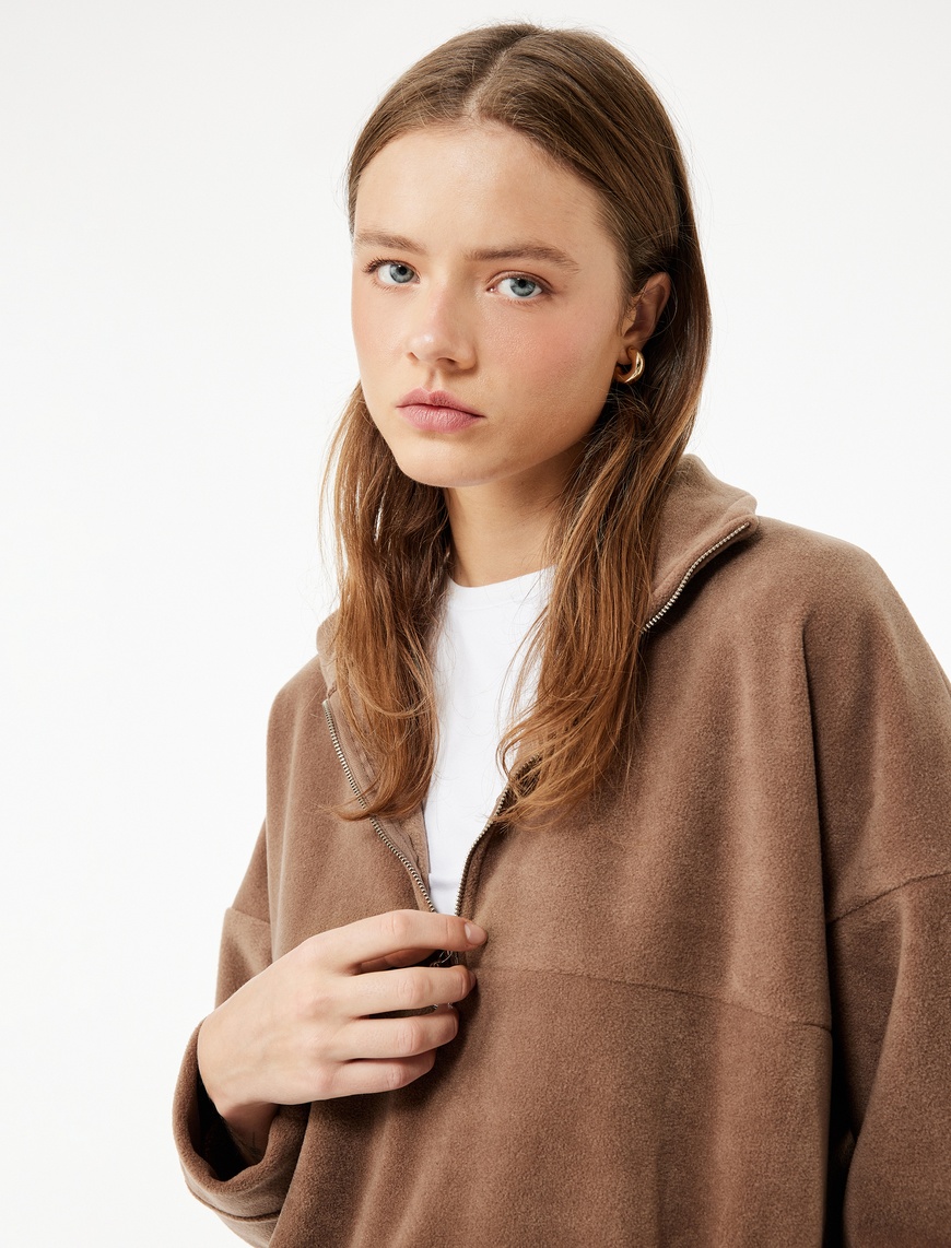   Oversize Uzun Kollu Yarım Fermuarlı Şardonlu Polar Sweatshirt