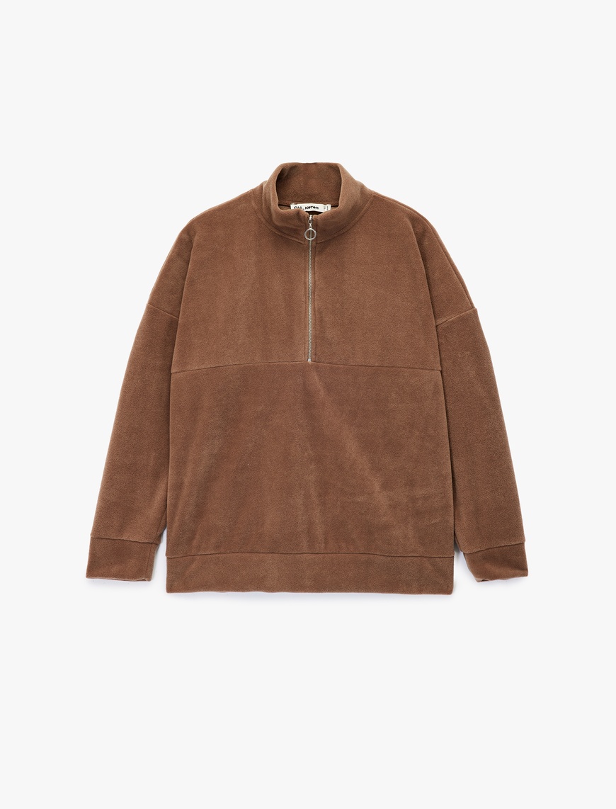   Oversize Uzun Kollu Yarım Fermuarlı Şardonlu Polar Sweatshirt