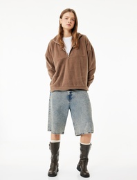 Oversize Uzun Kollu Yarım Fermuarlı Şardonlu Polar Sweatshirt