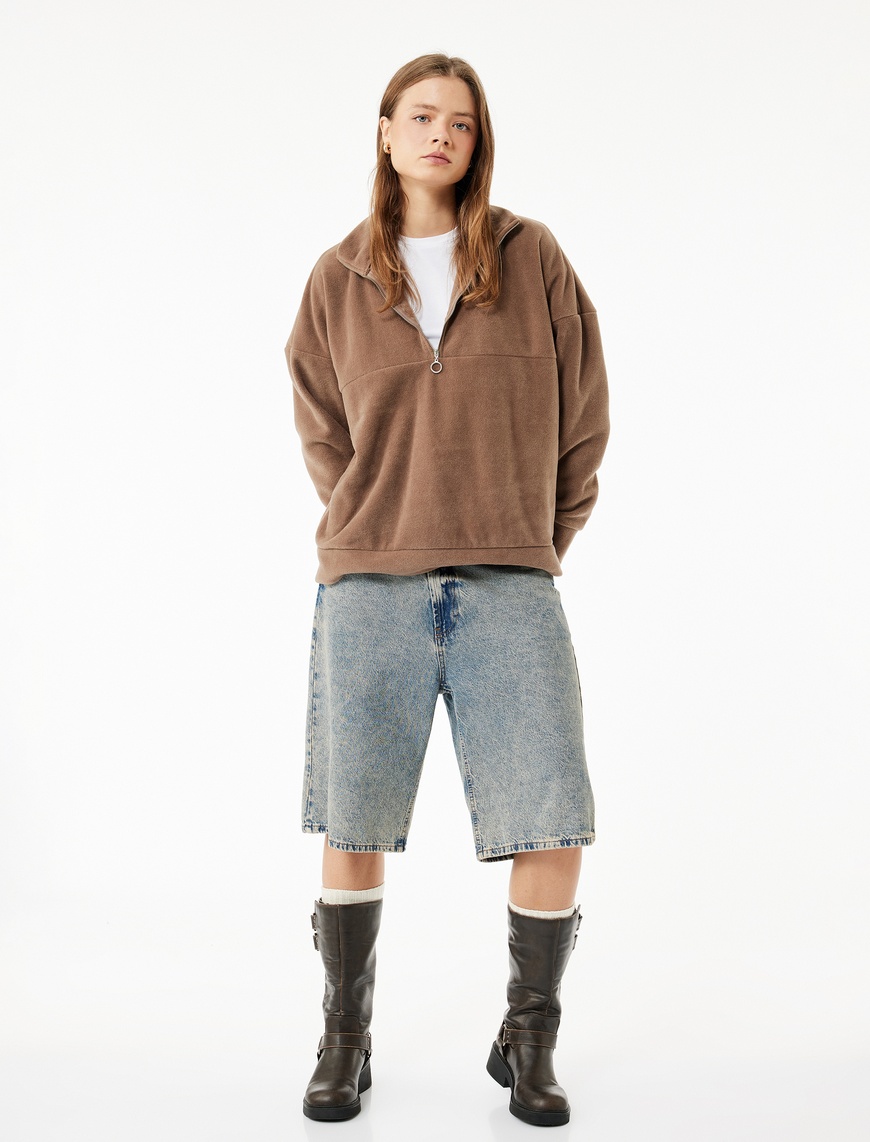   Oversize Uzun Kollu Yarım Fermuarlı Şardonlu Polar Sweatshirt