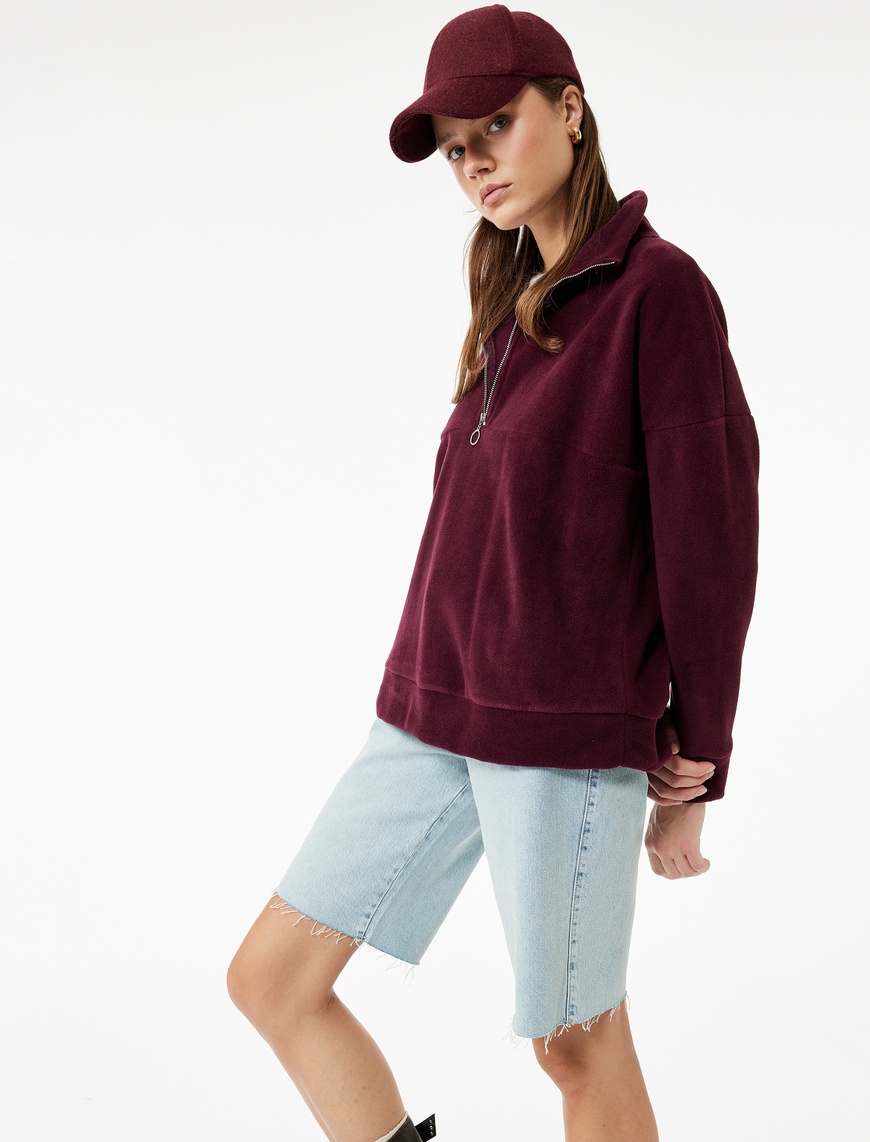   Oversize Uzun Kollu Yarım Fermuarlı Şardonlu Polar Sweatshirt