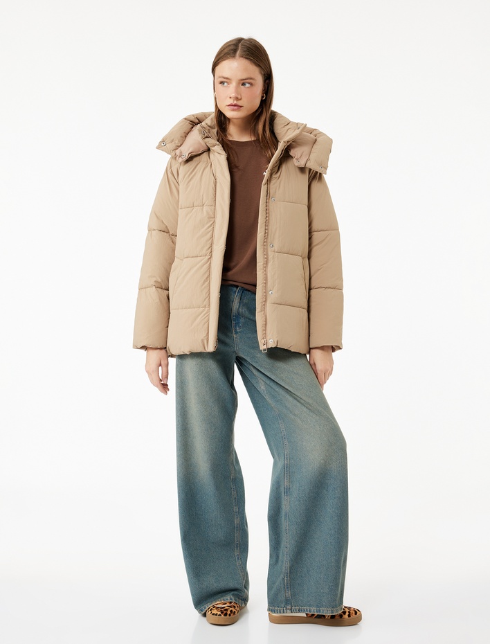  Dik Yaka Çıtçıt Düğmeli Cepli Kapitoneli Şişme Mont