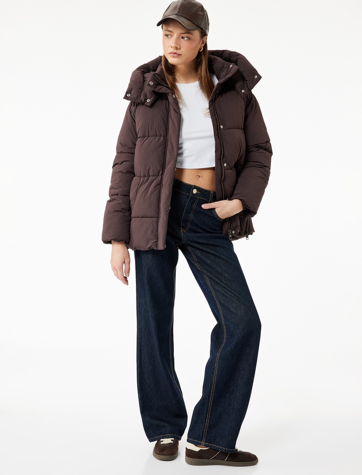  Dik Yaka Çıtçıt Düğmeli Cepli Kapitoneli Şişme Mont