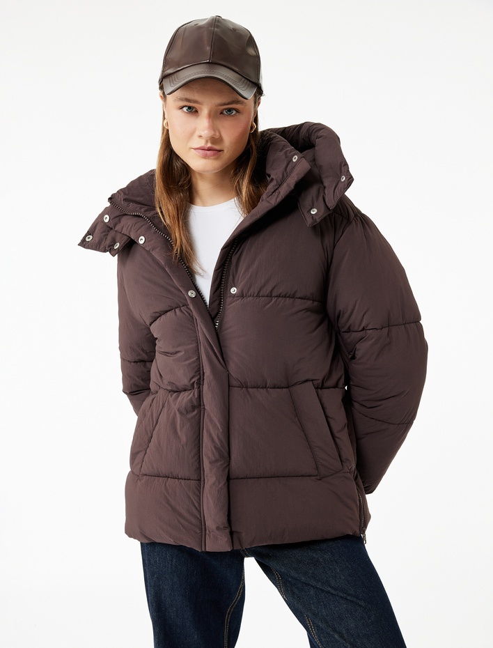  Dik Yaka Çıtçıt Düğmeli Cepli Kapitoneli Şişme Mont