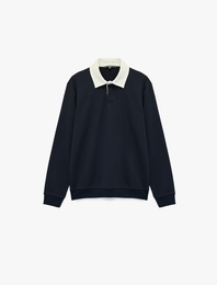Şardonlu Düğmeli Polo Yaka Uzun Kollu Sweatshirt