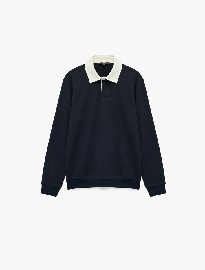  Şardonlu Düğmeli Polo Yaka Uzun Kollu Sweatshirt