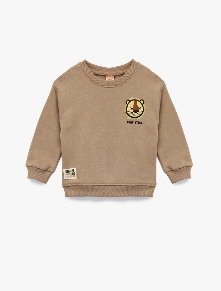 Erkek Bebek Bisiklet Yaka Uzun Kollu Şardonlu Aslan Baskılı Sweatshirt