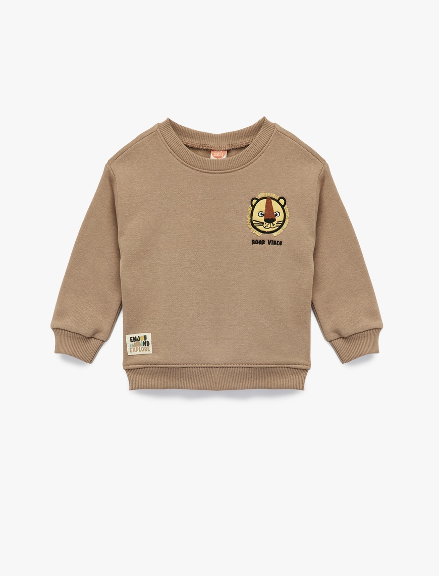  Erkek Bebek Bisiklet Yaka Uzun Kollu Şardonlu Aslan Baskılı Sweatshirt