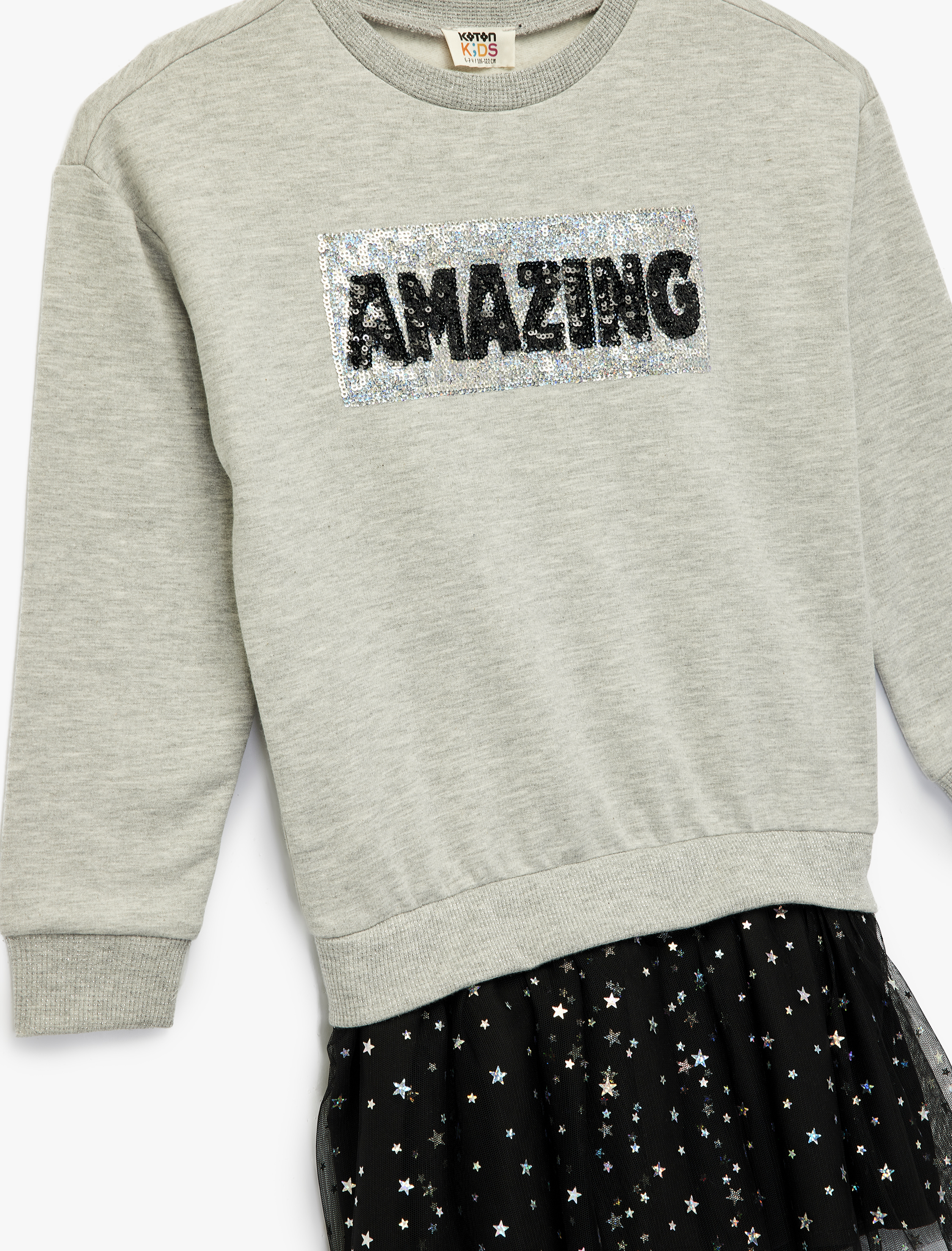 Kız Çocuk Şardonlu Uzun Kollu Bisiklet Yaka Tül Detaylı  Pullu Payetli Sweat Elbise