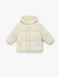 Kapşonlu Cepli Uzun Kollu Fermuarlı Şişme Mont