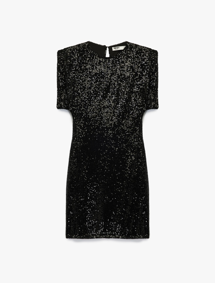  Slim Fit Kısa Yarasa Kollu Bisiklet Yaka Payetli Mini Elbise