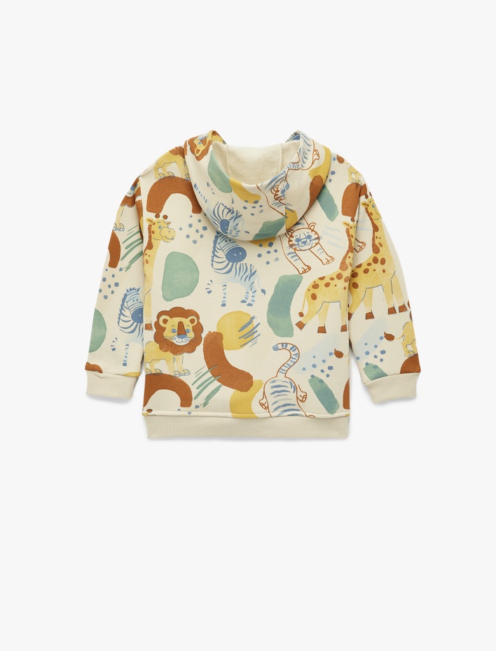 Erkek Bebek Hayvanlar Baskılı Uzun Kollu Şardonlu Kapşonlu Sweatshirt