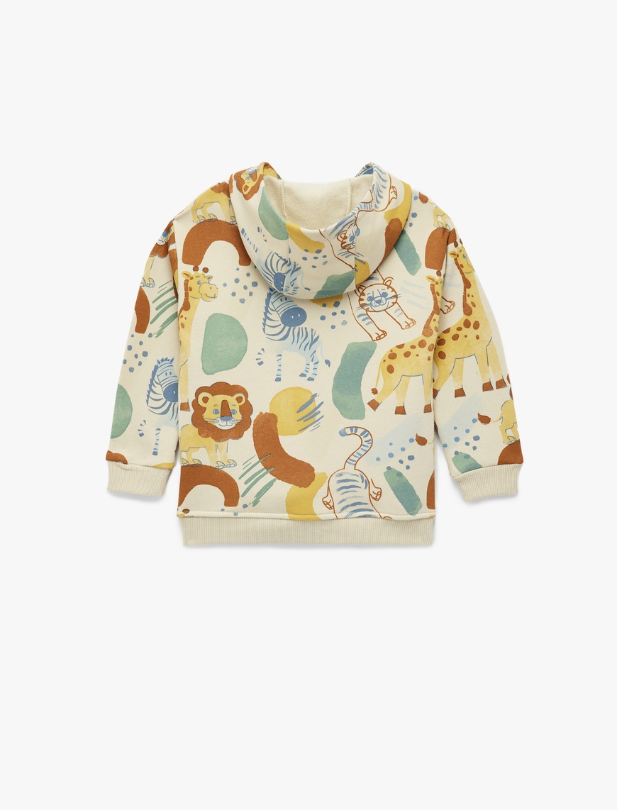  Erkek Bebek Hayvanlar Baskılı Uzun Kollu Şardonlu Kapşonlu Sweatshirt