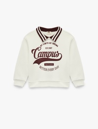 Şardonlu Uzun Kollu Baskılı Gömlek Yaka Sweatshirt