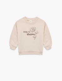 Şardonlu Uzun Kollu Bisiklet Yaka Nakışlı Pamuklu Sweatshirt