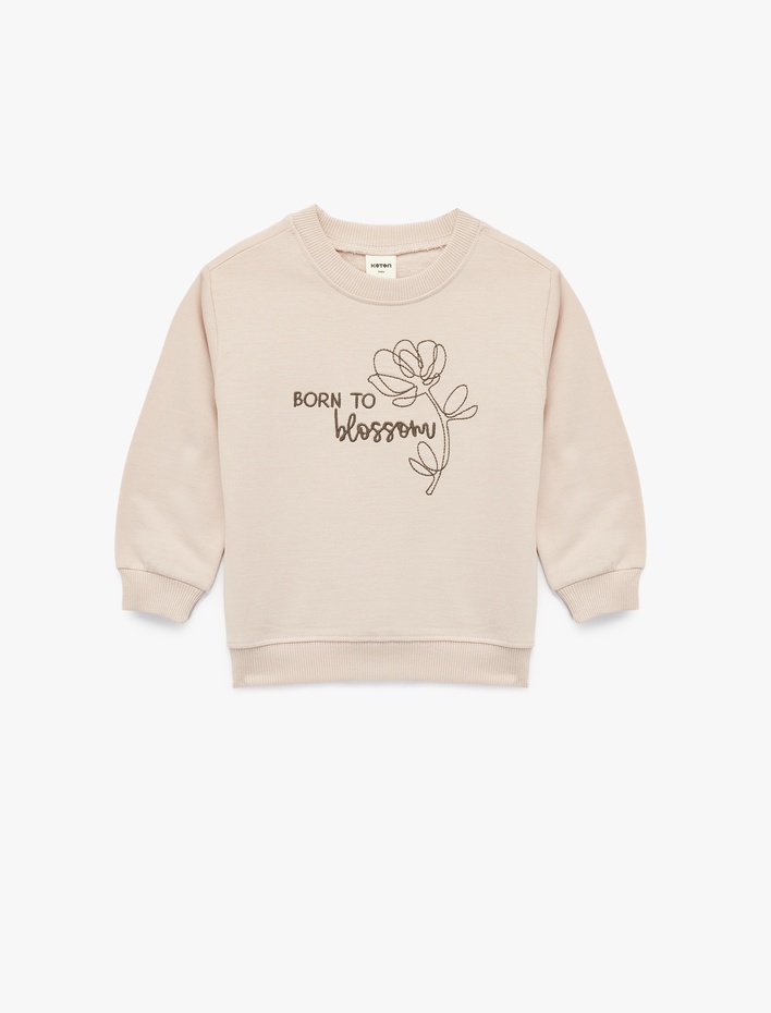 Kız Bebek Şardonlu Uzun Kollu Bisiklet Yaka Nakışlı Pamuklu Sweatshirt