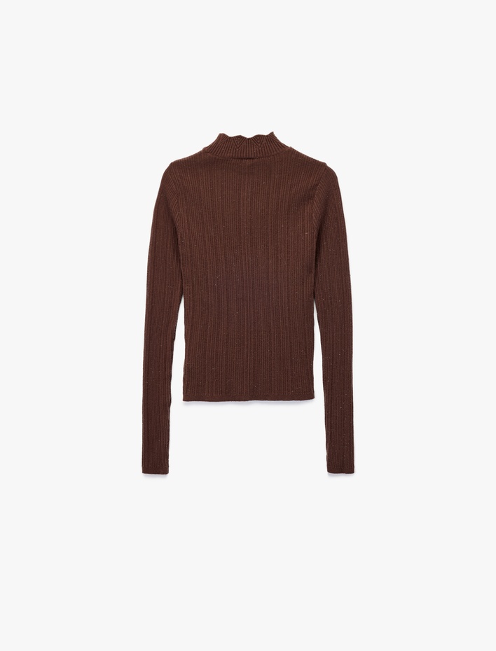  Fırfır Detaylı Dik Yaka Uzun Kollu Triko Kazak