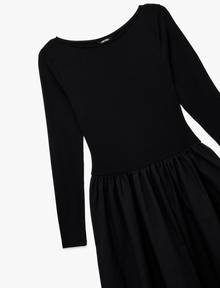   Pamuklu Slim Fit Uzun Kollu Bisiklet Yaka Çan Kesim Midi Boy Elbise