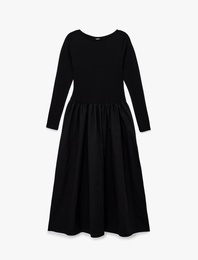 Pamuklu Slim Fit Uzun Kollu Bisiklet Yaka Çan Kesim Midi Boy Elbise