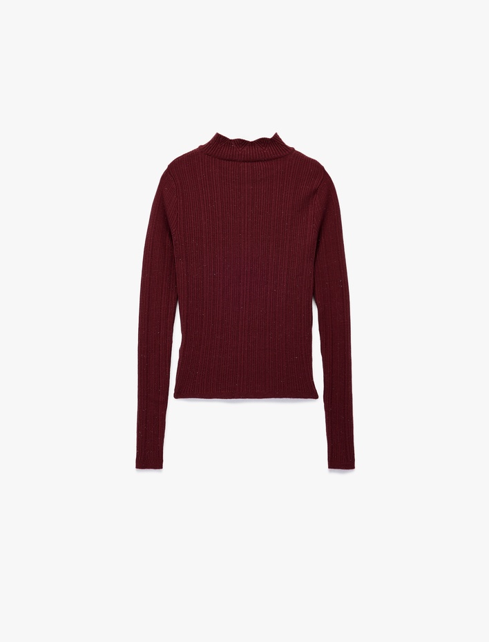  Fırfır Detaylı Dik Yaka Uzun Kollu Triko Kazak