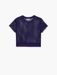 Kısa Kollu Bisiklet Yaka Spor Crop File Tişört