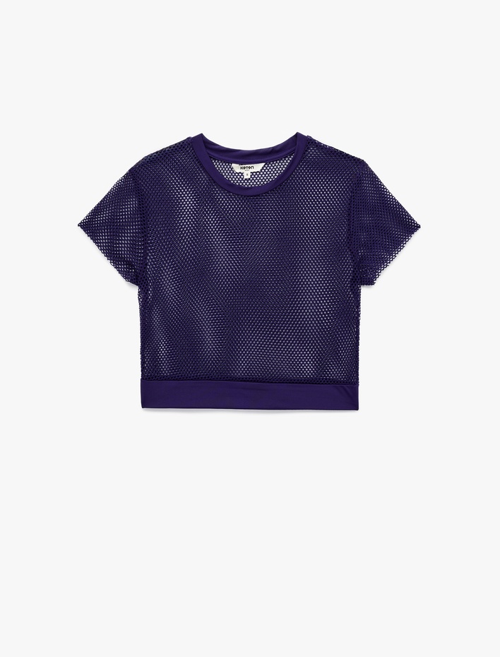 Kısa Kollu Bisiklet Yaka Spor Crop File Tişört