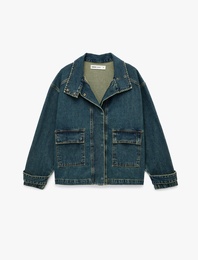 Pamuklu Uzun Kollu Dik Yaka Cep Detaylı Düğmeli Denim Ceket