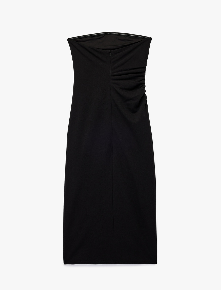   Krep Scuba Kumaş Slim Fit Drape Detaylı Straplez Kalem Elbise