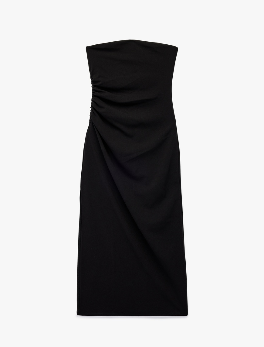   Krep Scuba Kumaş Slim Fit Drape Detaylı Straplez Kalem Elbise