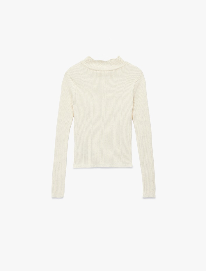  Fırfır Detaylı Dik Yaka Uzun Kollu Triko Kazak