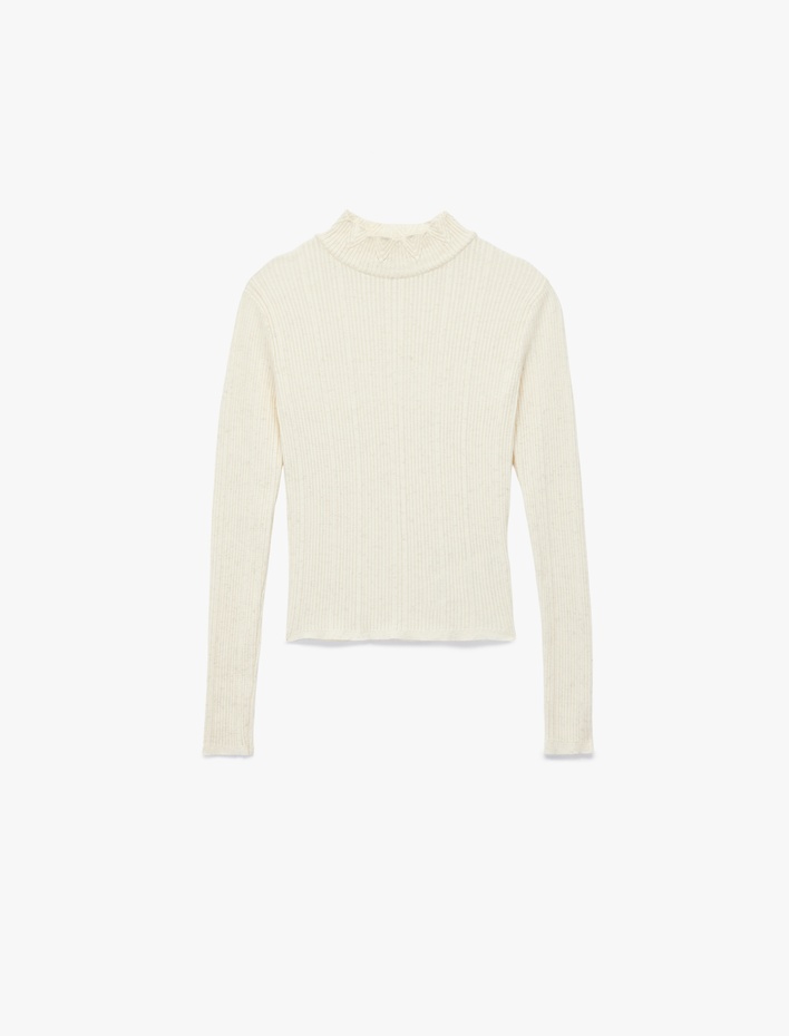  Fırfır Detaylı Dik Yaka Uzun Kollu Triko Kazak