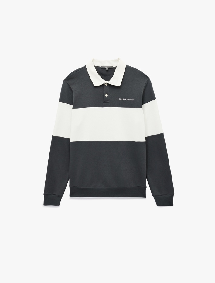  Şardonlu Uzun Kollu Renk Bloklu Nakışlı Polo Yaka Sweatshirt