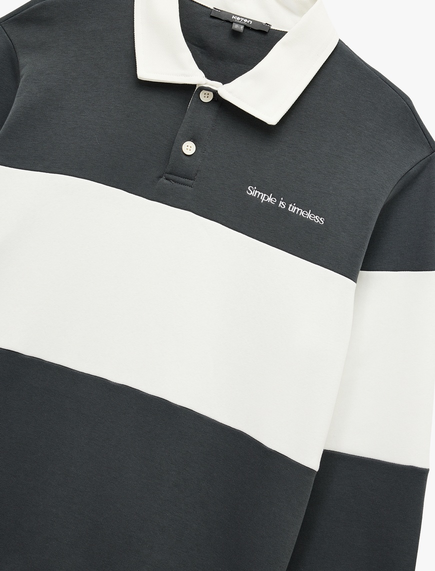   Şardonlu Uzun Kollu Renk Bloklu Nakışlı Polo Yaka Sweatshirt