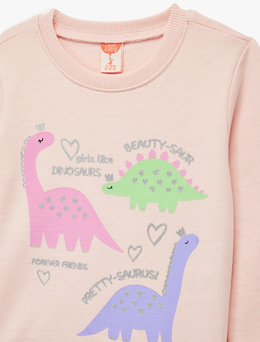  Kız Bebek Uzun Kollu Bisiklet Yaka  Dinozor Baskılı Şardonlu Pamuklu Sweatshirt