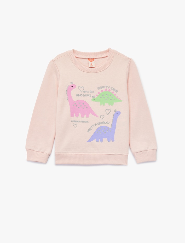 Kız Bebek Uzun Kollu Bisiklet Yaka  Dinozor Baskılı Şardonlu Pamuklu Sweatshirt