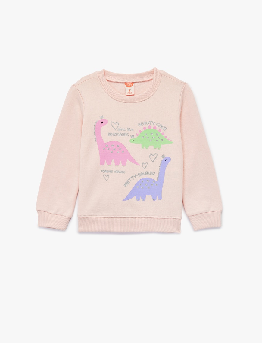  Kız Bebek Uzun Kollu Bisiklet Yaka  Dinozor Baskılı Şardonlu Pamuklu Sweatshirt