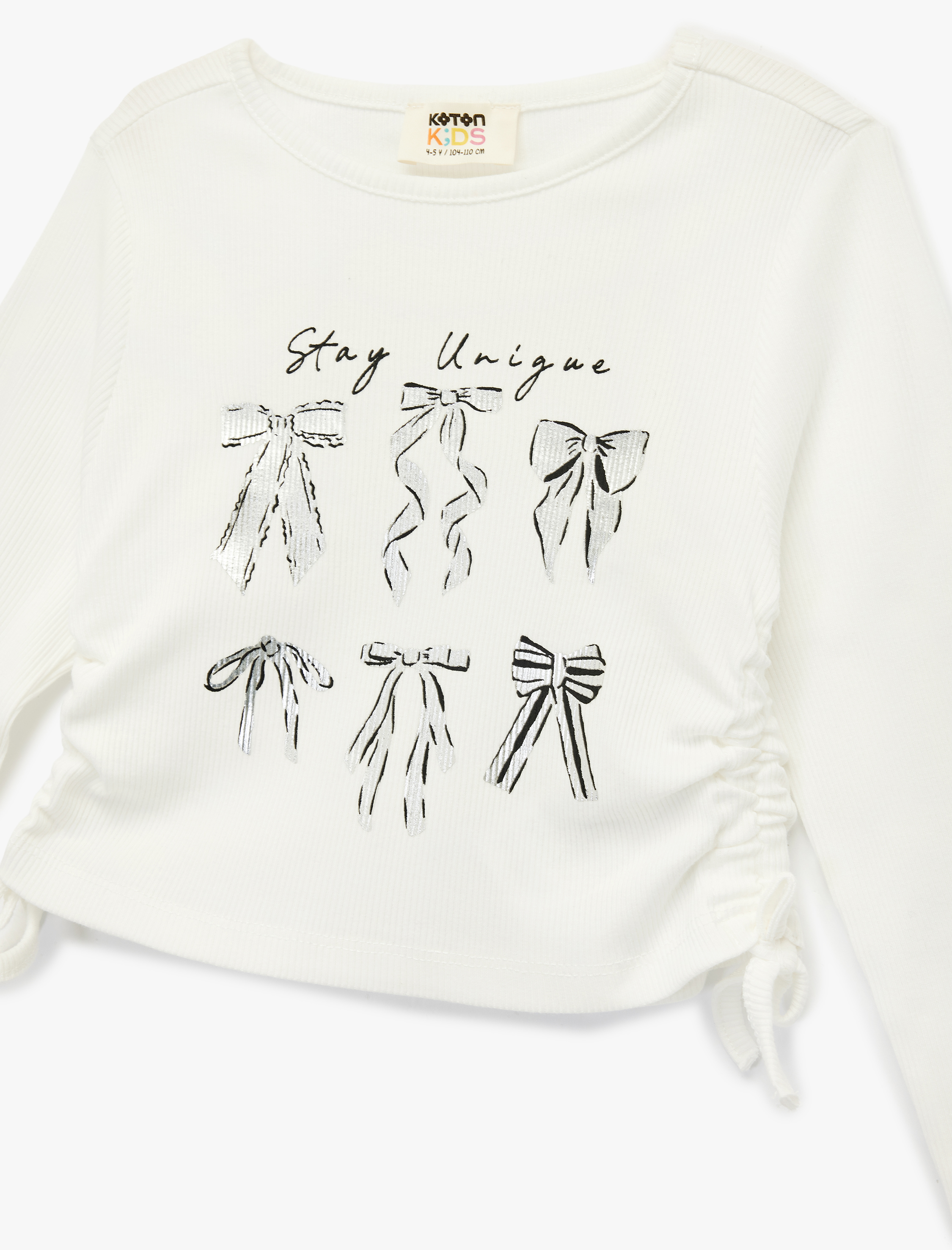  Kız Çocuk Uzun Kollu Bisiklet Yaka Fiyonk Baskılı Kaşkorse Pamuklu Tişört