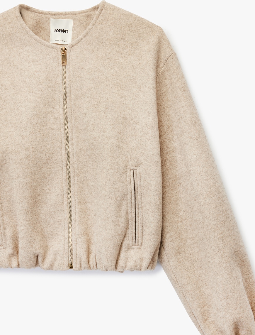   Fermuarlı Bisiklet Yaka Uzun Kollu Crop Kaşe Kolej Bomber Ceket