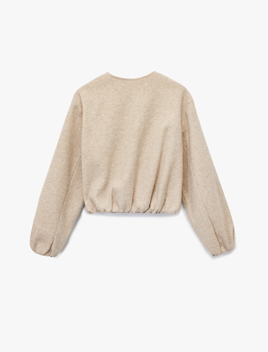  Fermuarlı Bisiklet Yaka Uzun Kollu Crop Kaşe Kolej Bomber Ceket